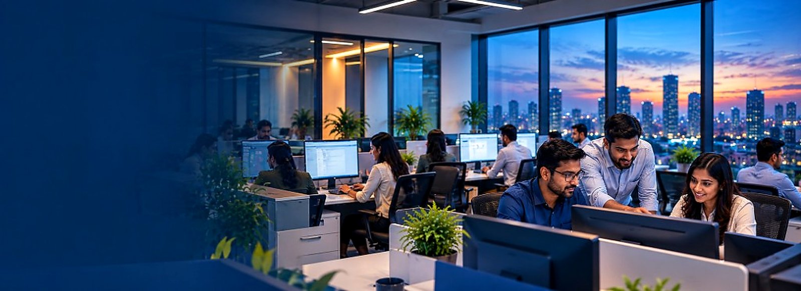 Budnet team working in the office at dusk