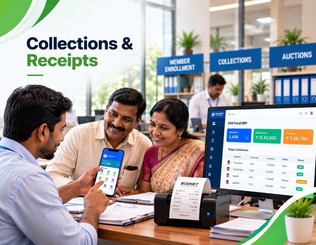 Collections and receipts — Budnet Chit Fund ERP with cash, UTR and cheque payments plus Bluetooth receipt print