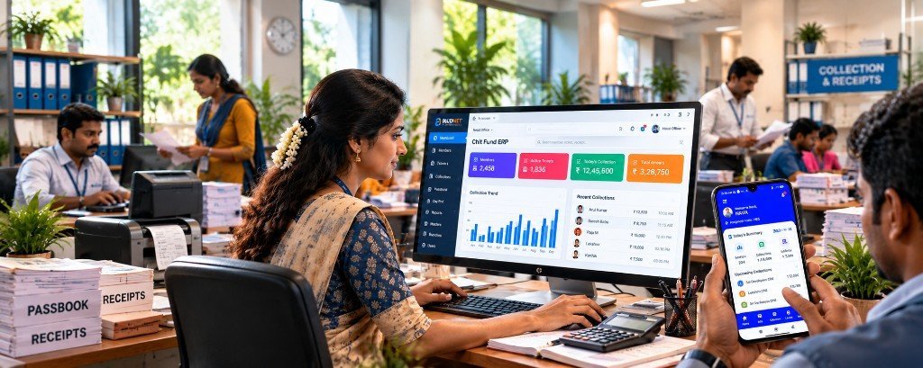 Chit fund software in Coimbatore — staff using Budnet Chit Fund ERP on desktop and Android collection app