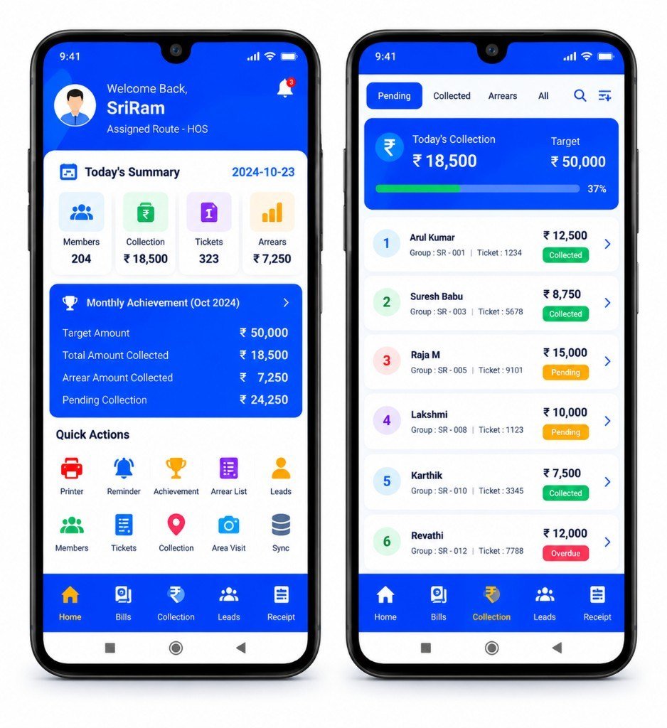 Android chit fund collection app — today’s summary, monthly achievement and pending collection list (demonstration data)