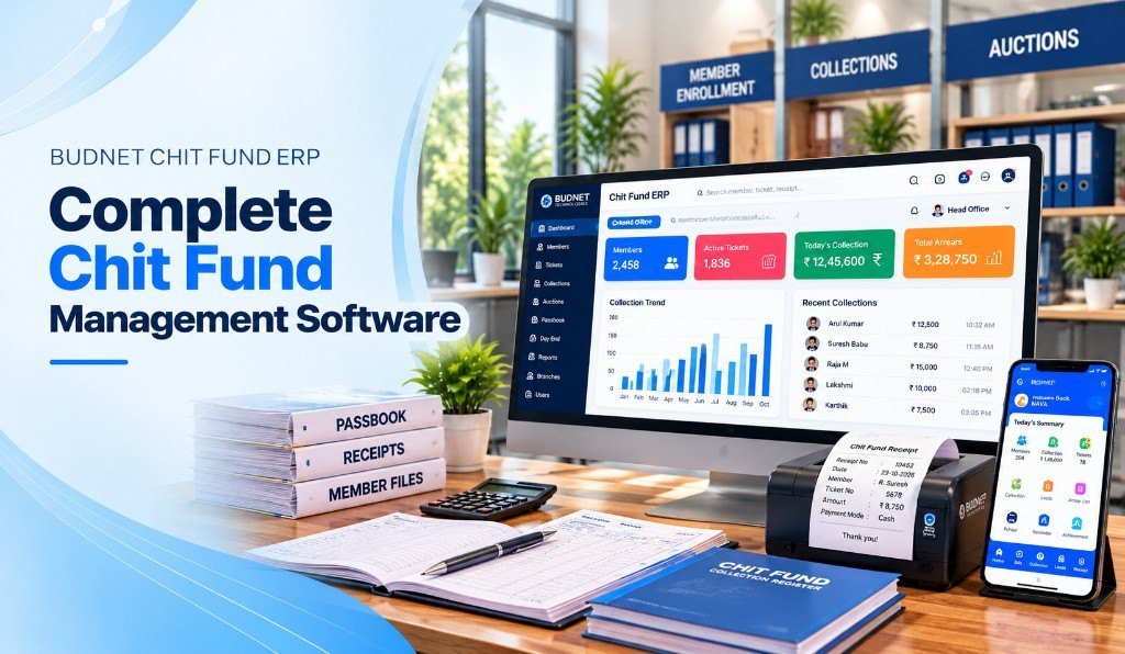 Complete chit fund management software — Budnet ERP dashboard, passbooks, receipts and Android collection app