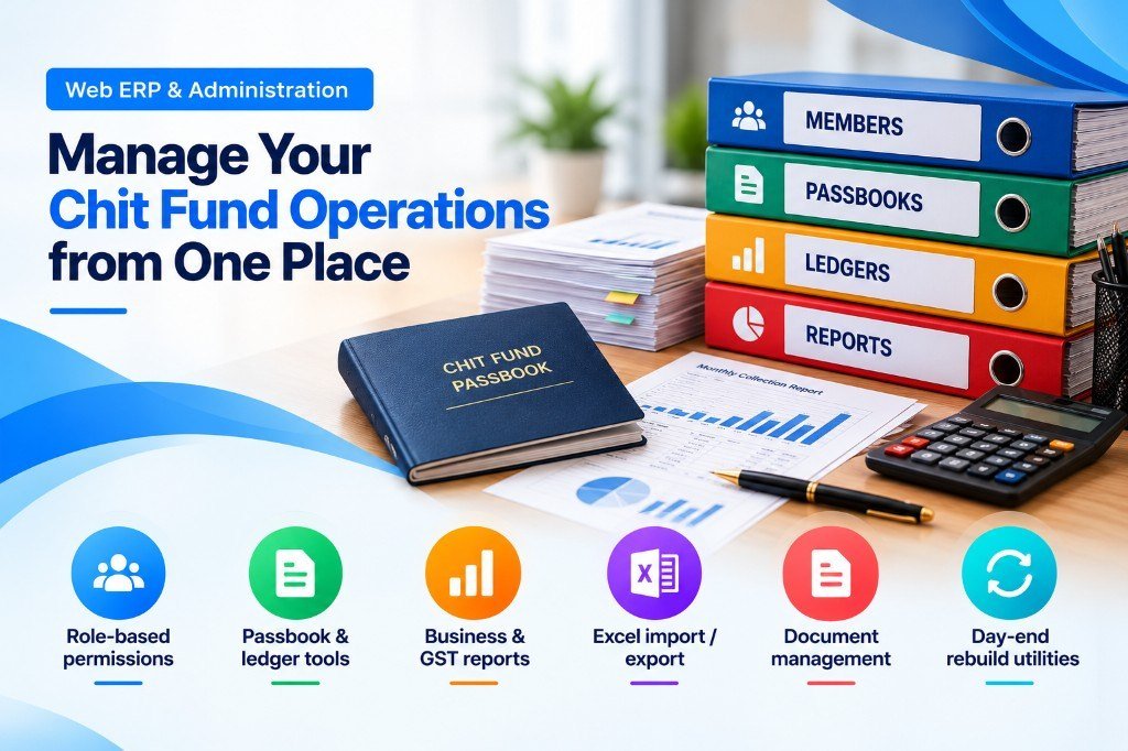 Web ERP and administration — role-based permissions, passbooks, ledgers, GST reports and day-end tools