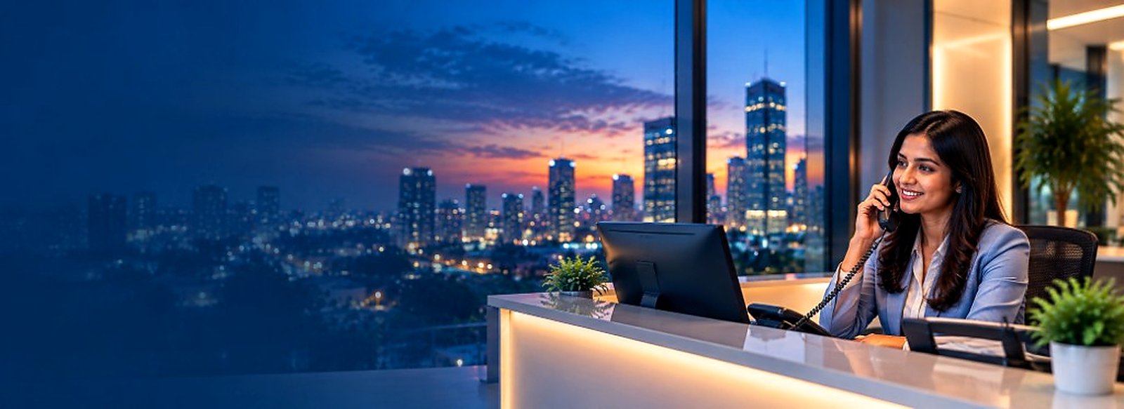 Receptionist on a call with the city skyline at dusk