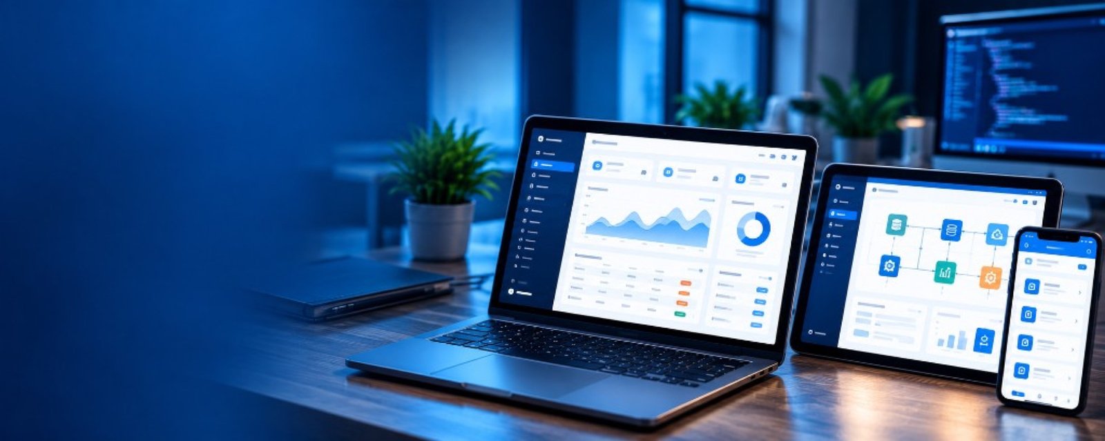 Laptop, tablet and phone showing custom software dashboards