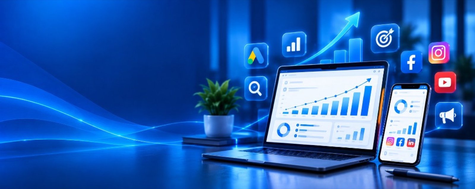 Digital marketing analytics with laptop, phone and growth icons