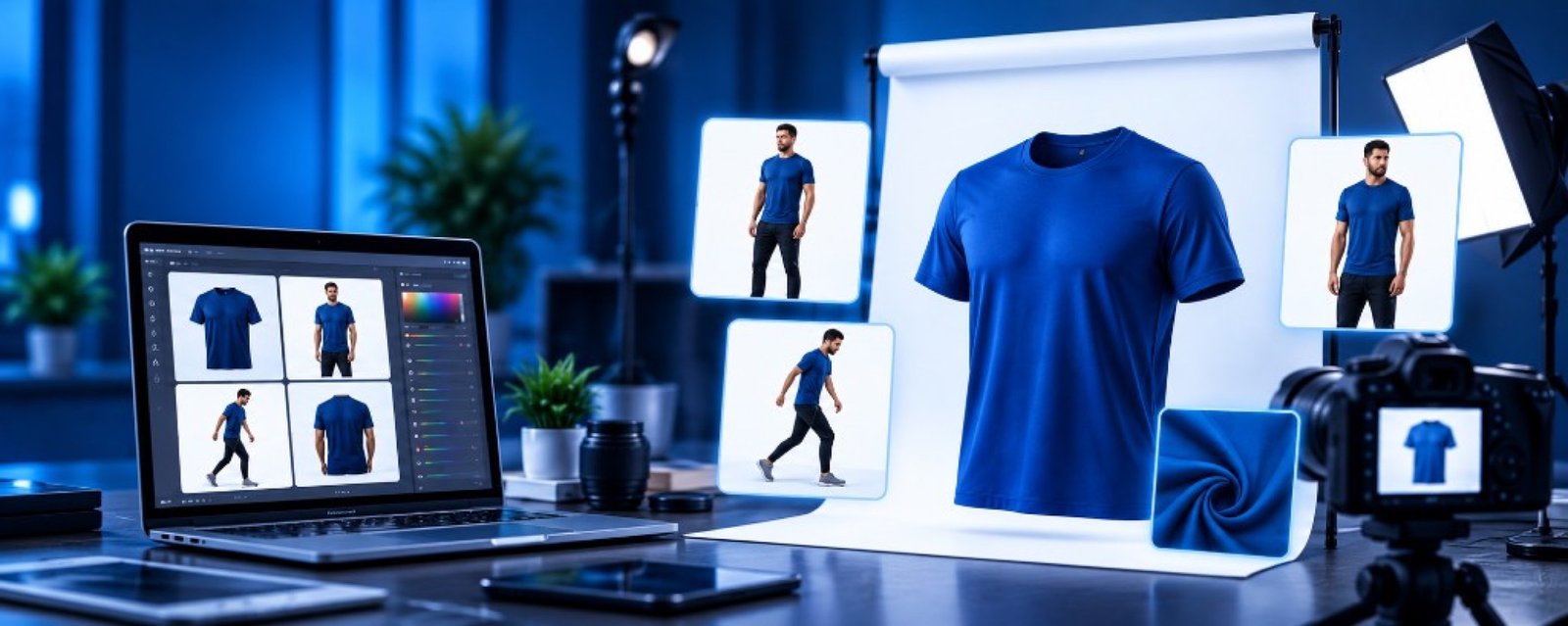 Product photography studio with laptop editing and blue apparel shoot