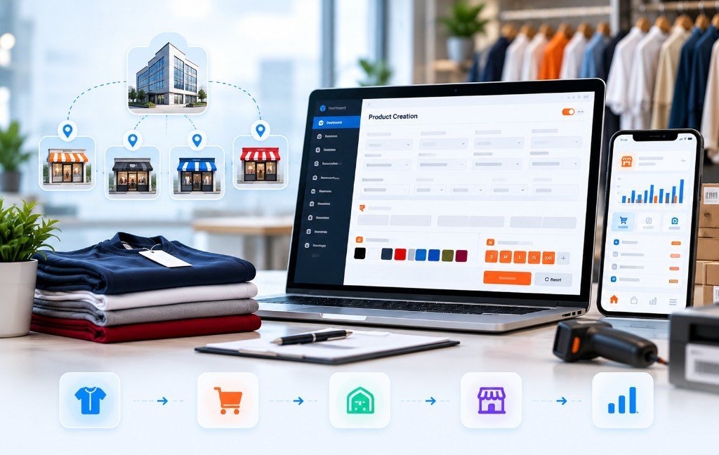 Product creation in Budnet Franchise ERP — catalog, colors, sizes and multi-store workflow