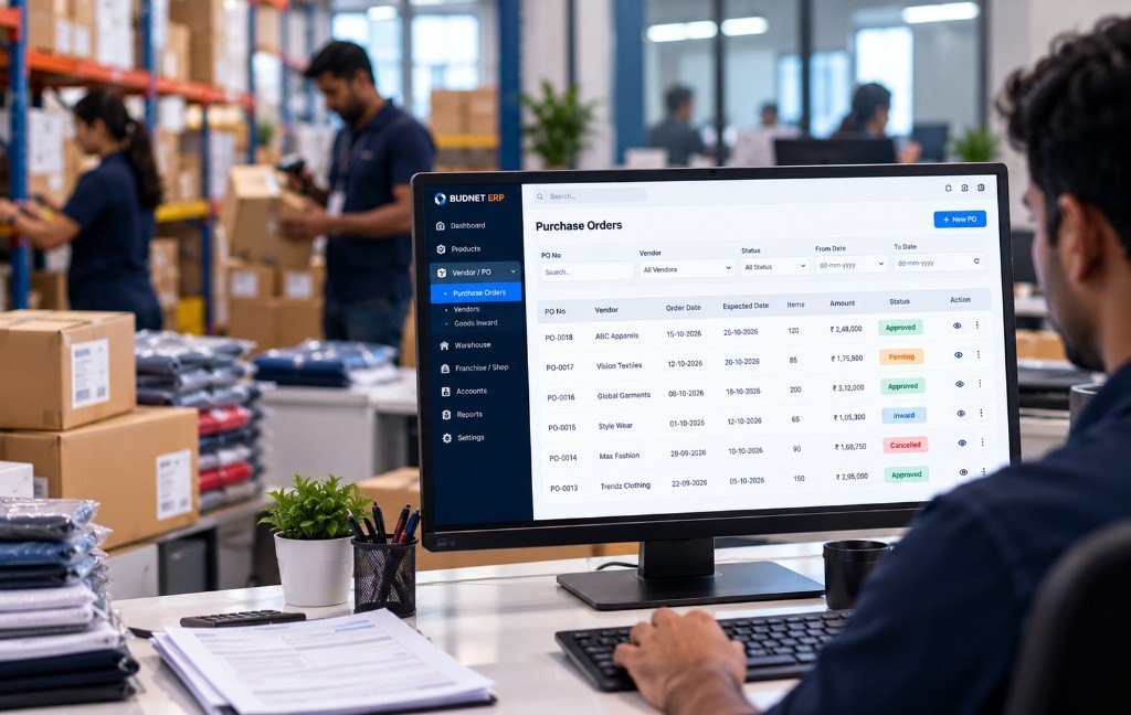 Purchase orders in Budnet ERP with warehouse stock operations in the background