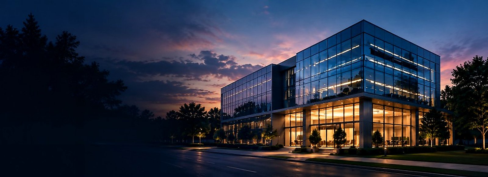 Glass office building at dusk