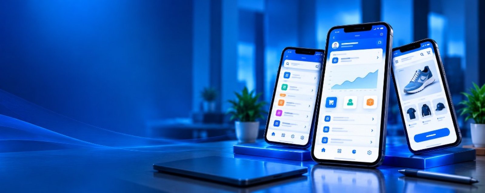 Three phones showing mobile app interfaces