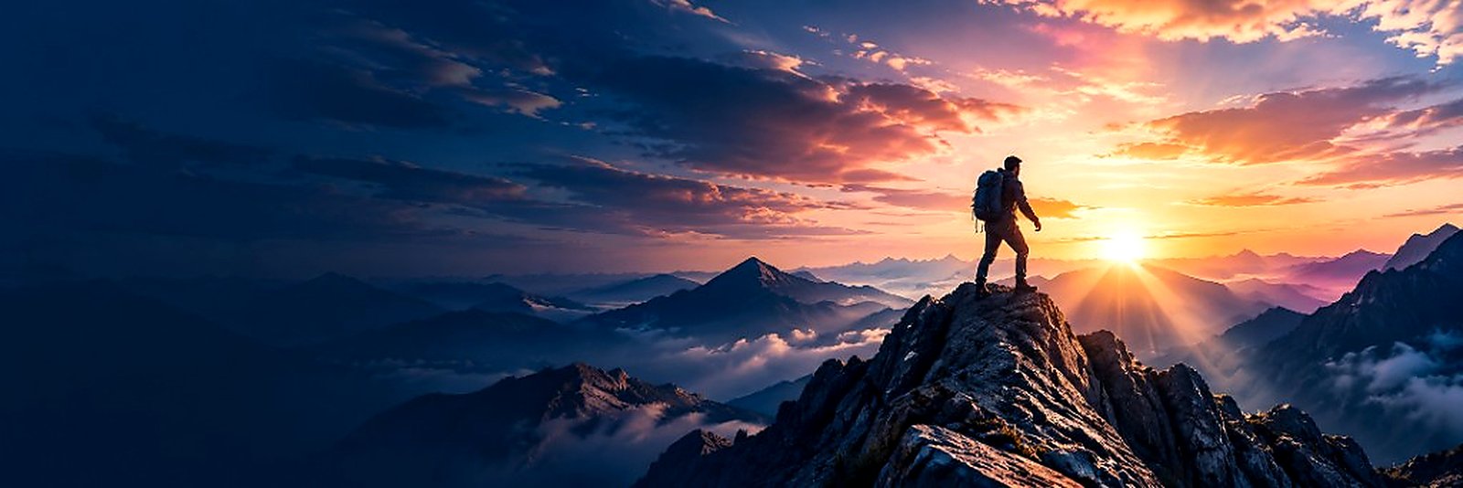 Person standing on a mountain at sunset