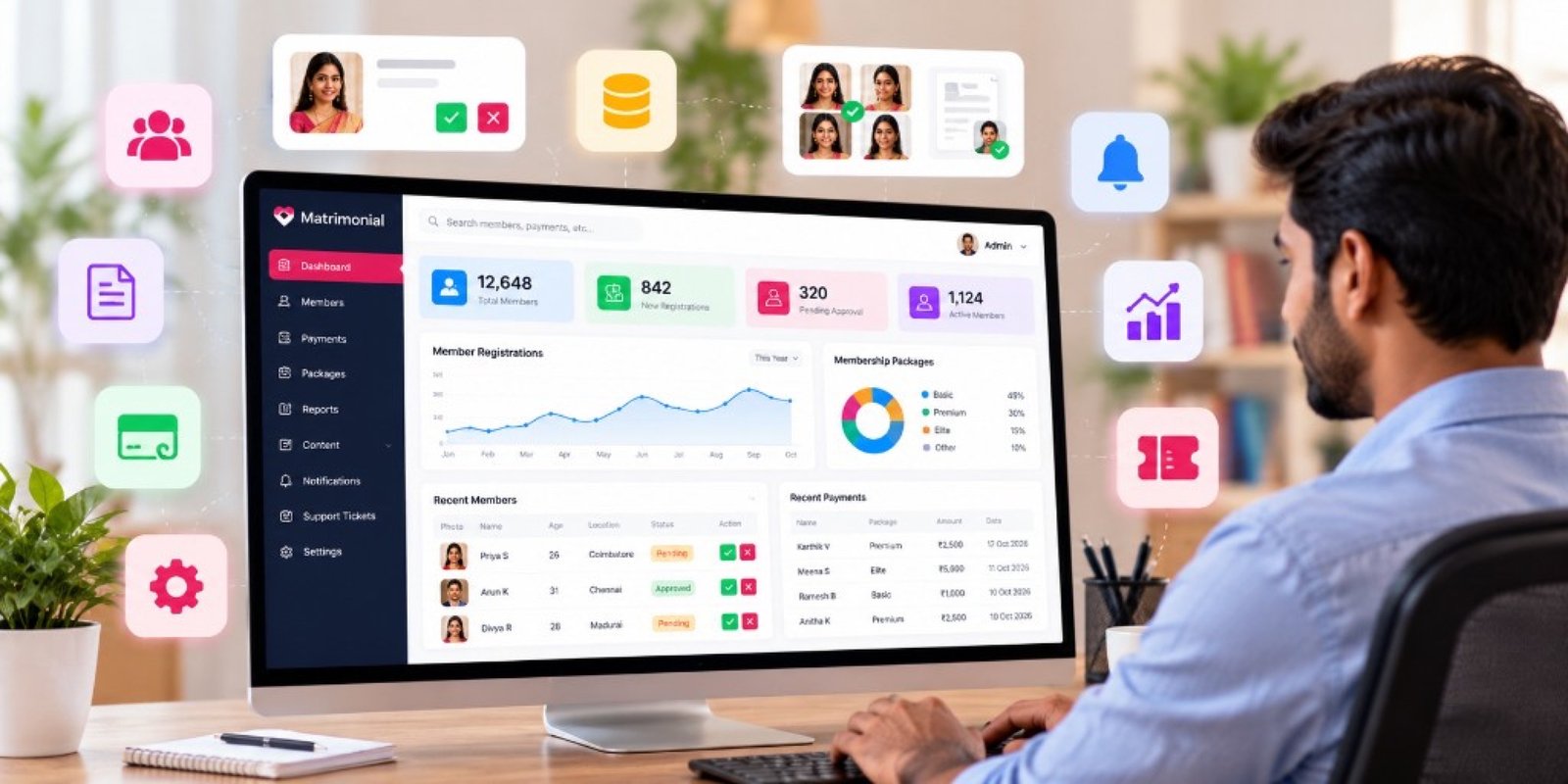 Matrimonial admin panel showing member, payment and report management on a desktop