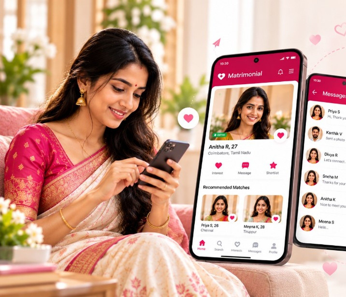 Woman using a matrimonial Android app with profile and messaging screens