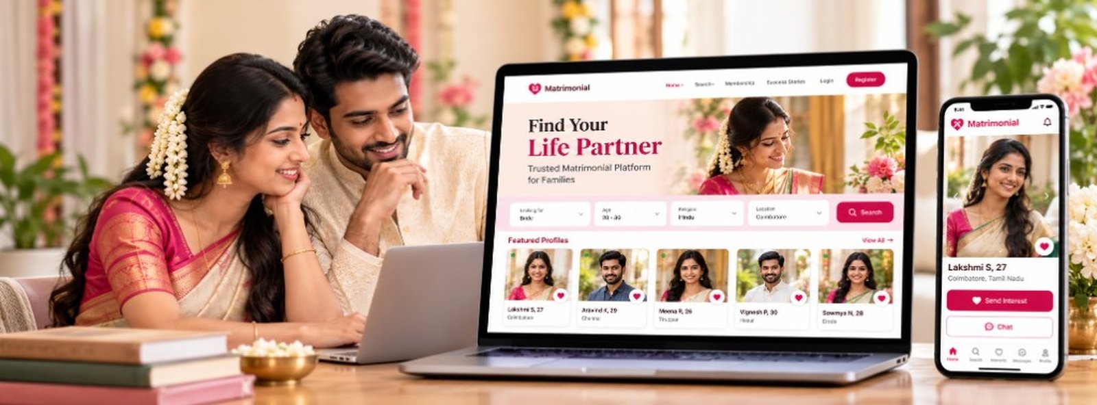 Couple reviewing a matrimonial website on a laptop with a mobile app preview