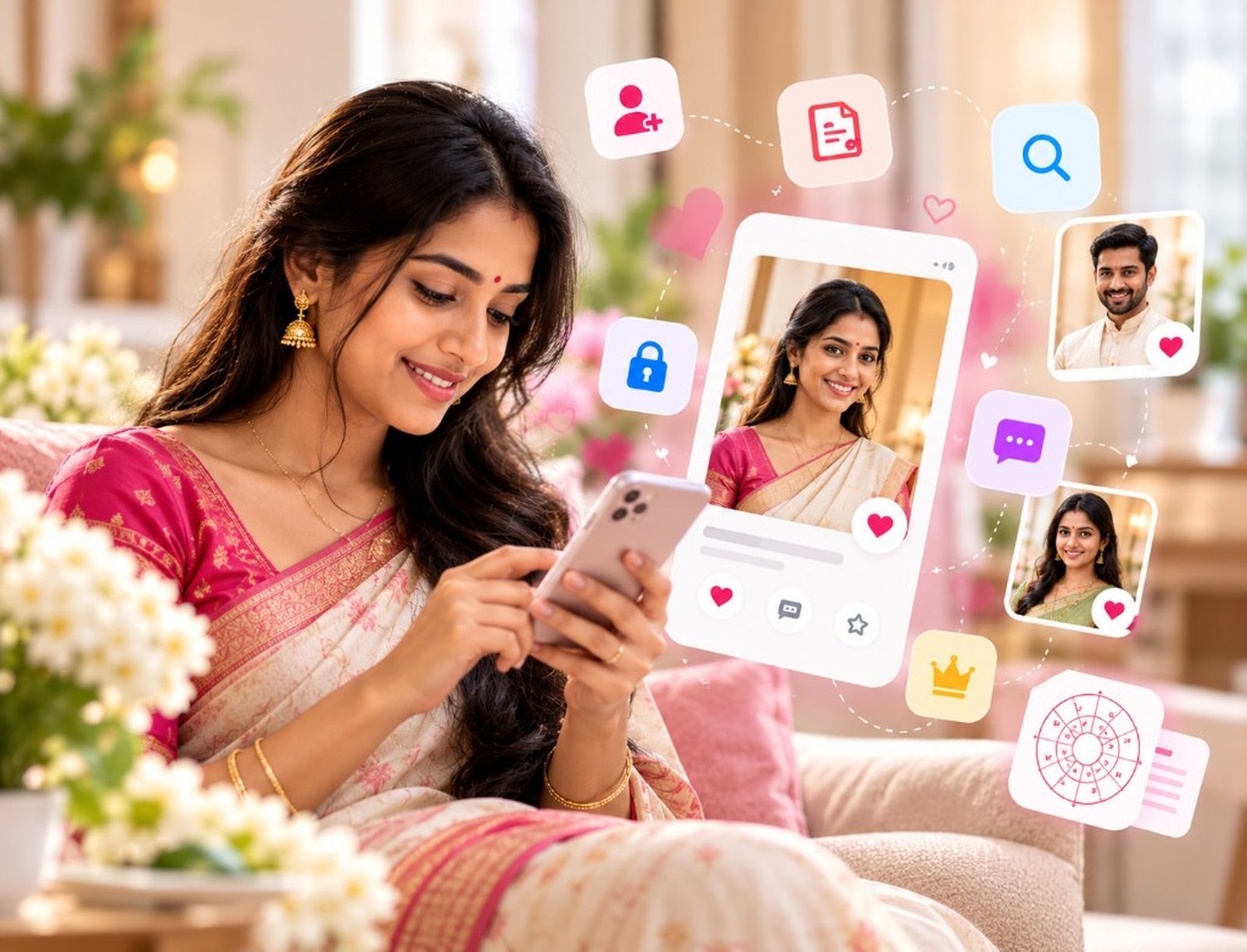 Member browsing profiles and matchmaking features on a matrimonial mobile app