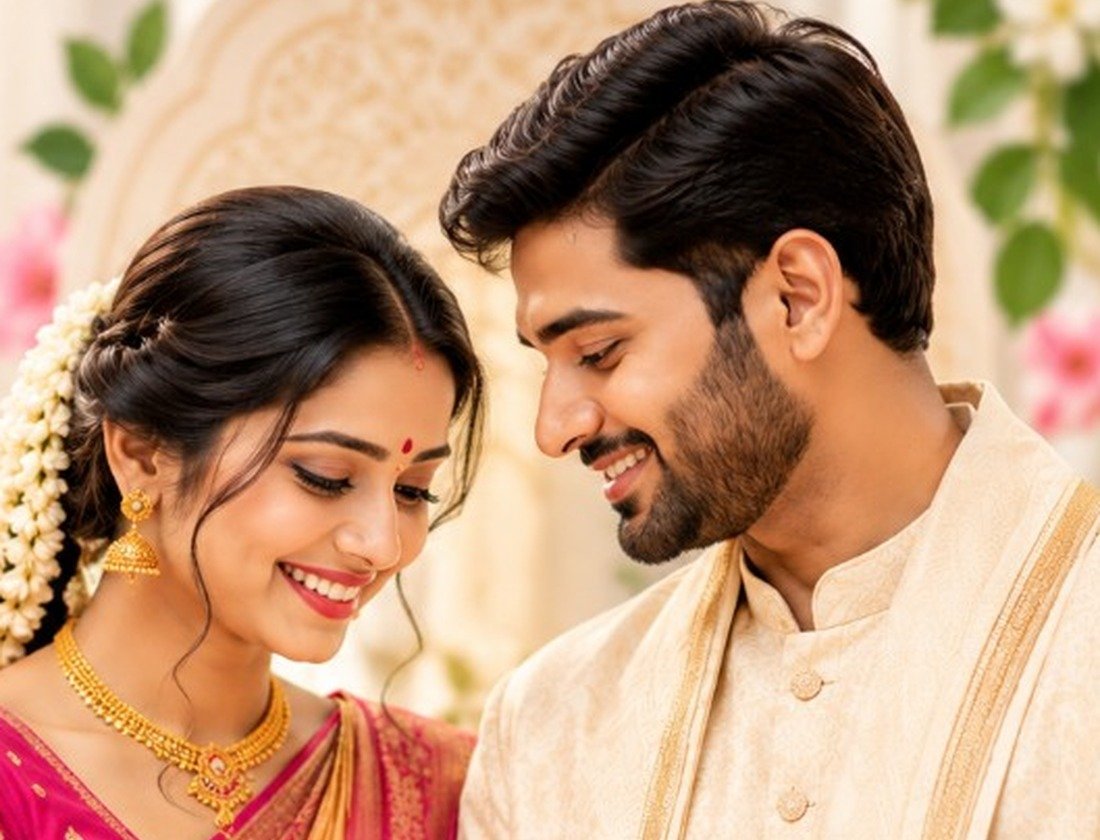 Bride and groom in traditional Indian wedding attire for a community matrimonial platform