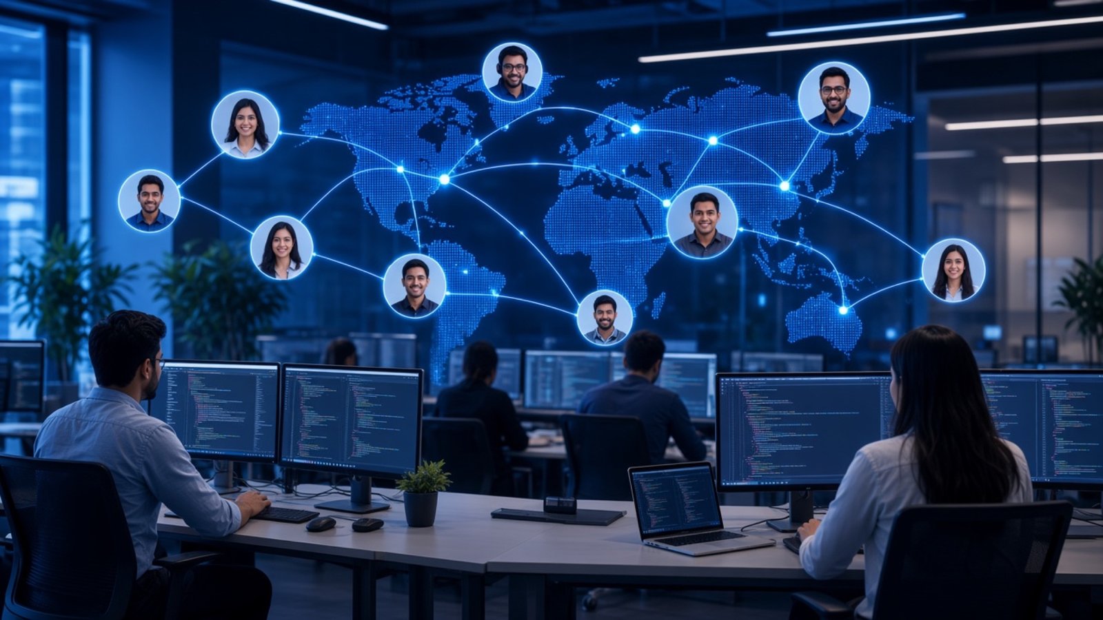 Global development team connected across a digital world map