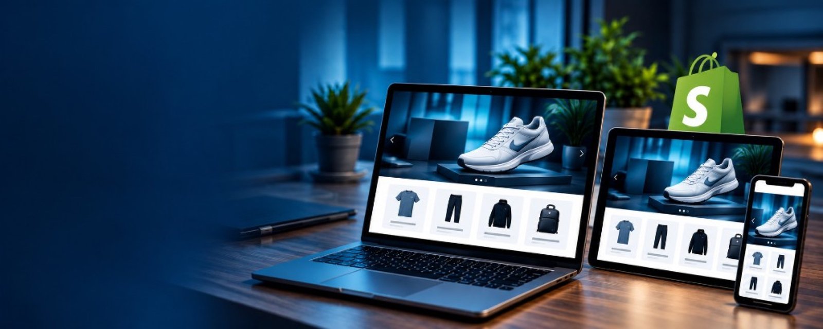 Laptop, tablet and phone showing a Shopify store