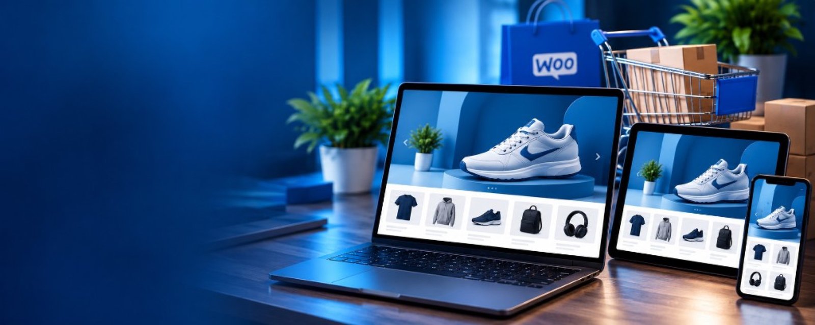 Laptop, tablet and phone showing a WooCommerce store