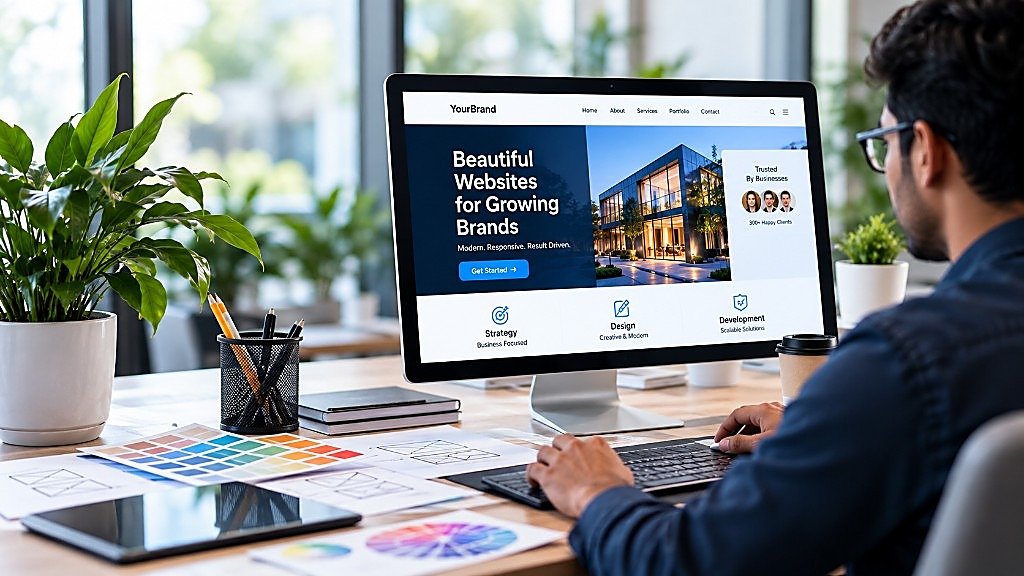 Designer reviewing a website on a desktop computer