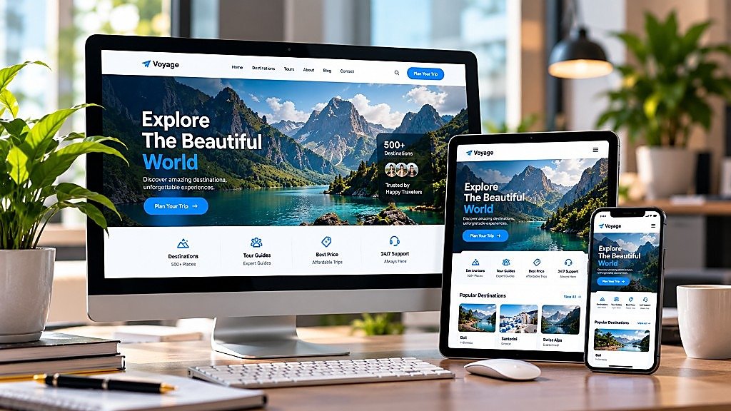 Desktop, tablet and phone showing the same website
